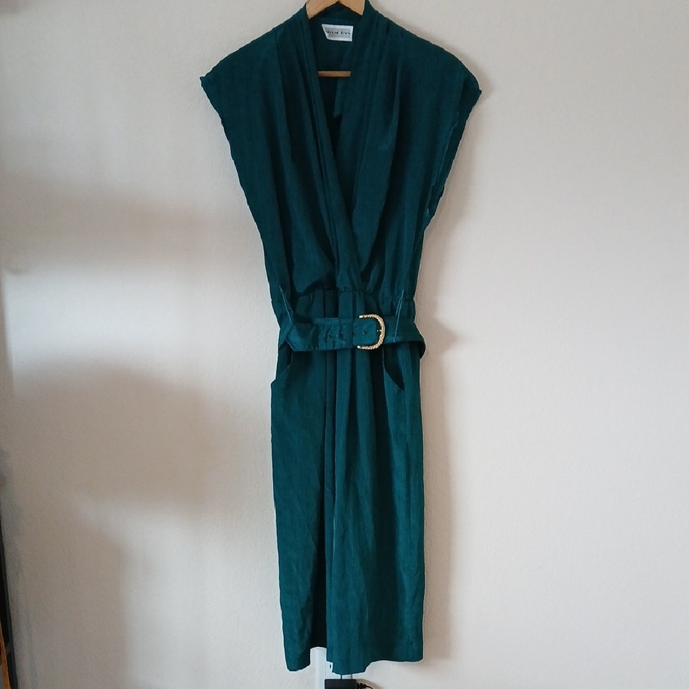 Vintage 80s 90s Emerald Green Sleeveless Dress With Belt And Pockets